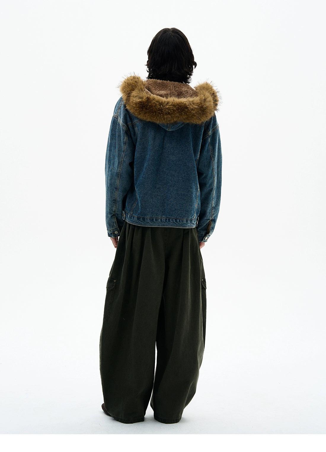 Washed Fur Hood Denim Jacket Korean Street Fashion Jacket By 77Flight Shop Online at OH Vault