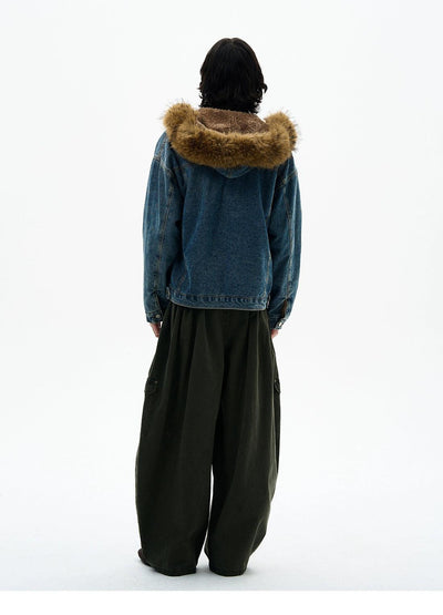 Washed Fur Hood Denim Jacket Korean Street Fashion Jacket By 77Flight Shop Online at OH Vault
