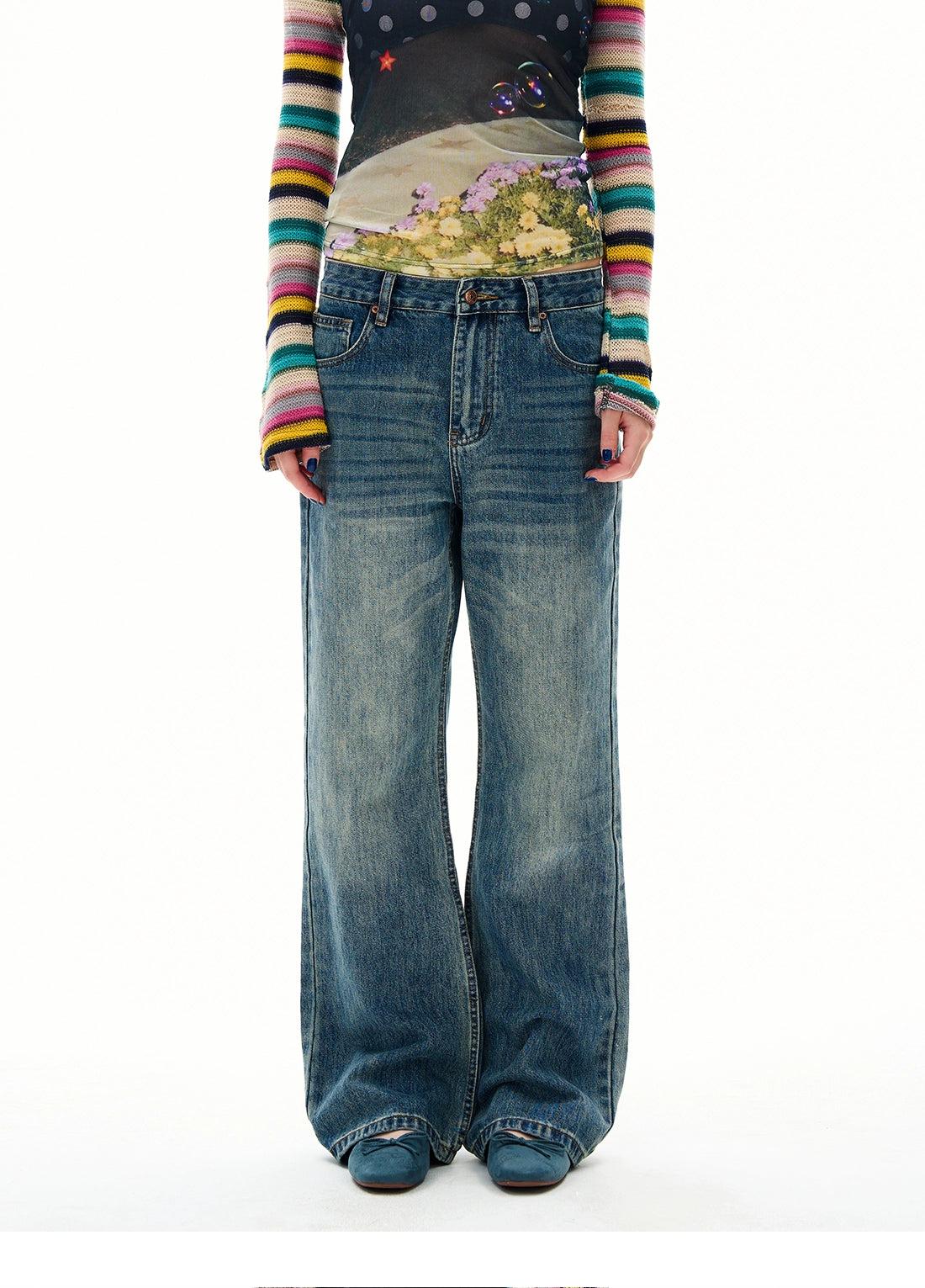 Whisker Faded Straight Jeans Korean Street Fashion Jeans By 77Flight Shop Online at OH Vault