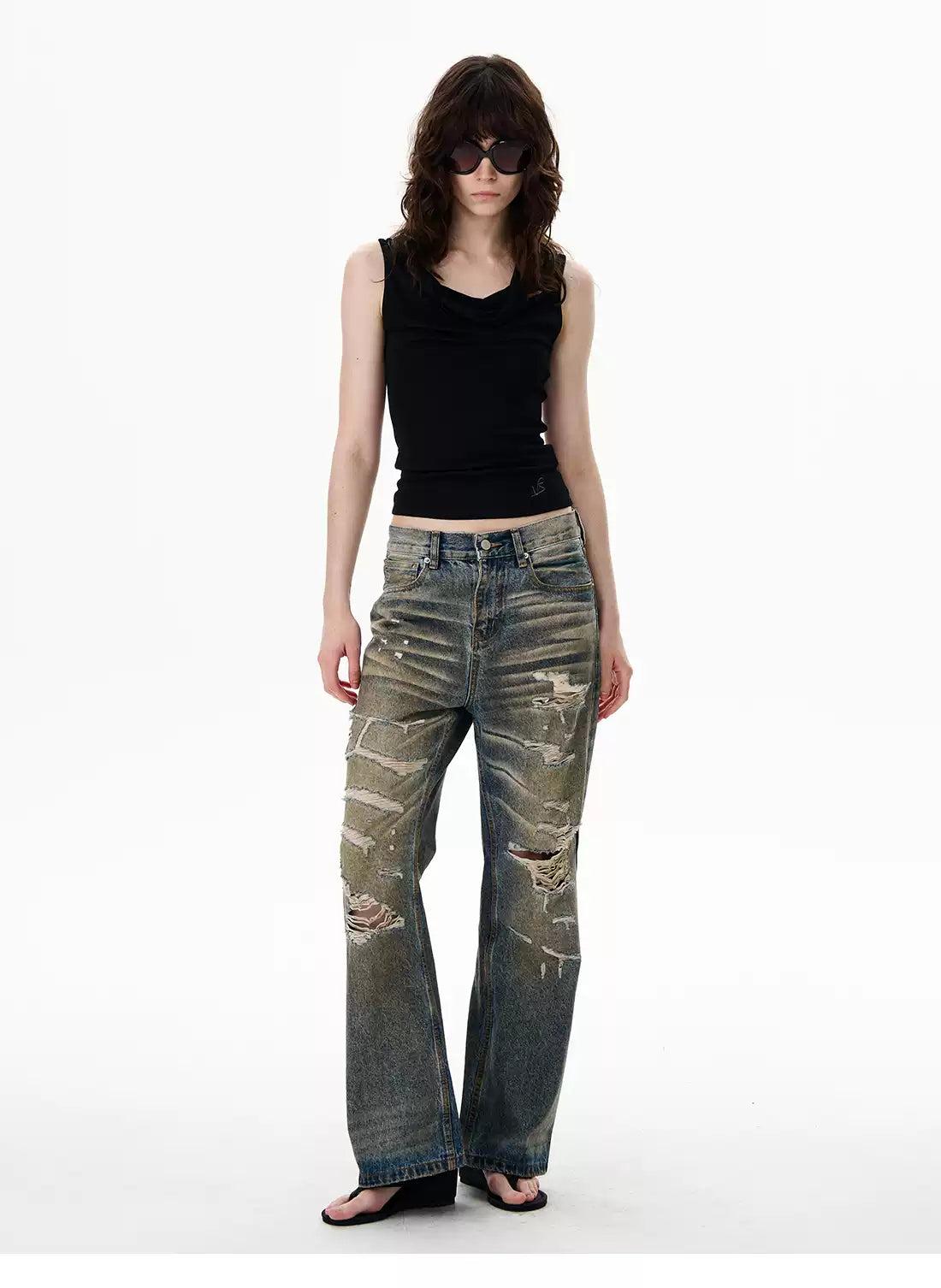 Distressed and Whisker Faded Straight Jeans Korean Street Fashion Jeans By 77Flight Shop Online at OH Vault