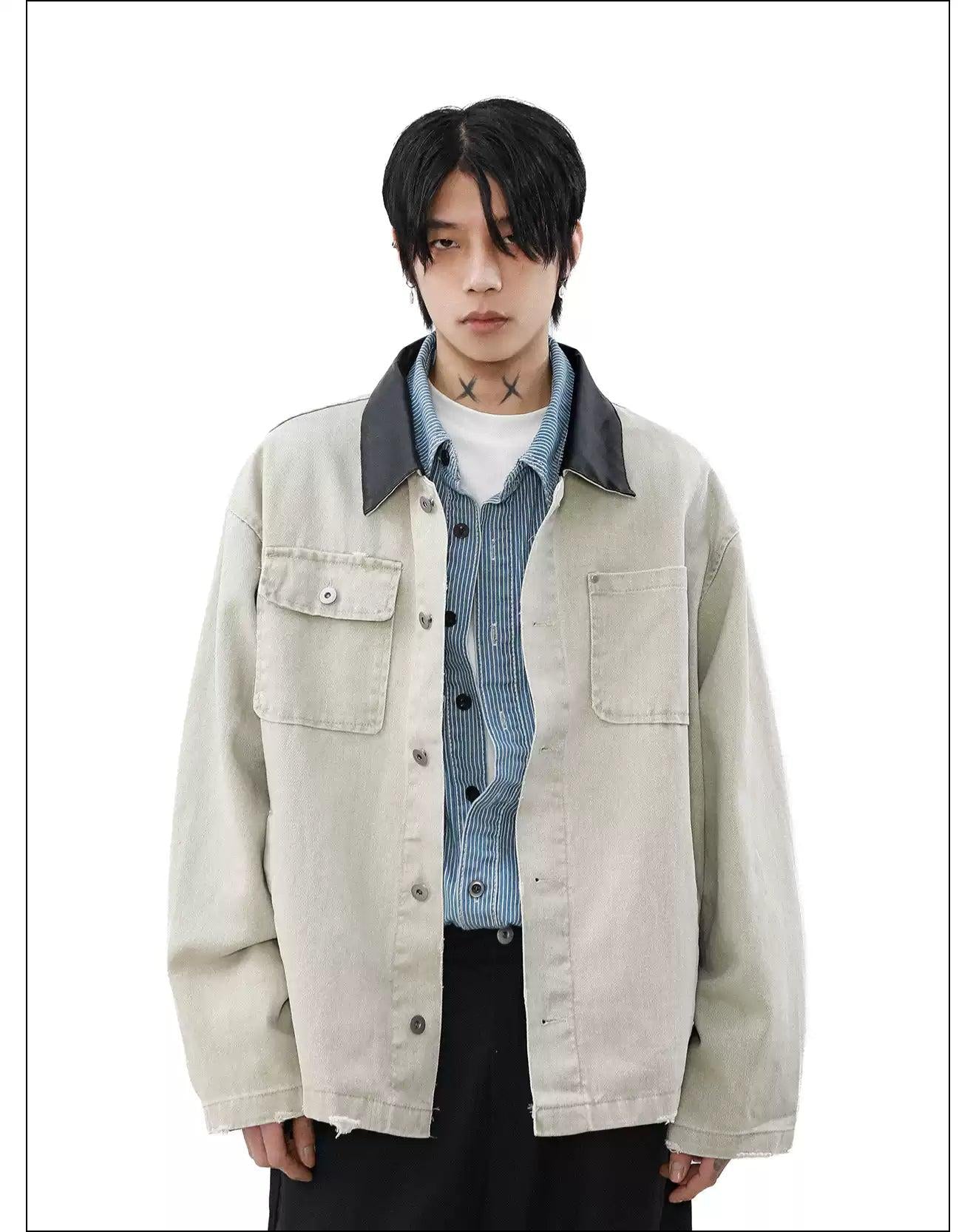 PU Leather Collar Ripped Denim Jacket Korean Street Fashion Jacket By Mr Nearly Shop Online at OH Vault