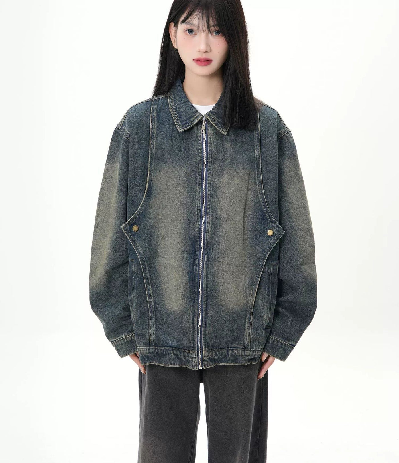 Buttoned and Zippered Denim Jacket Korean Street Fashion Jacket By Jump Next Shop Online at OH Vault