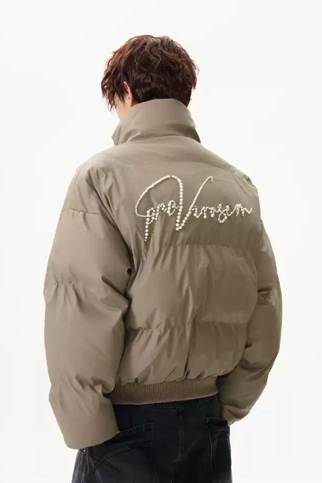 Pearled Text Puffer Jacket Korean Street Fashion Jacket By A PUEE Shop Online at OH Vault