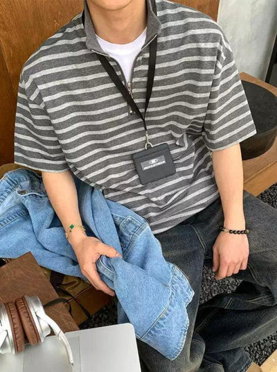 Half-Zippered Striped Long Sleeve T-Shirt Korean Street Fashion T-Shirt By Poikilotherm Shop Online at OH Vault