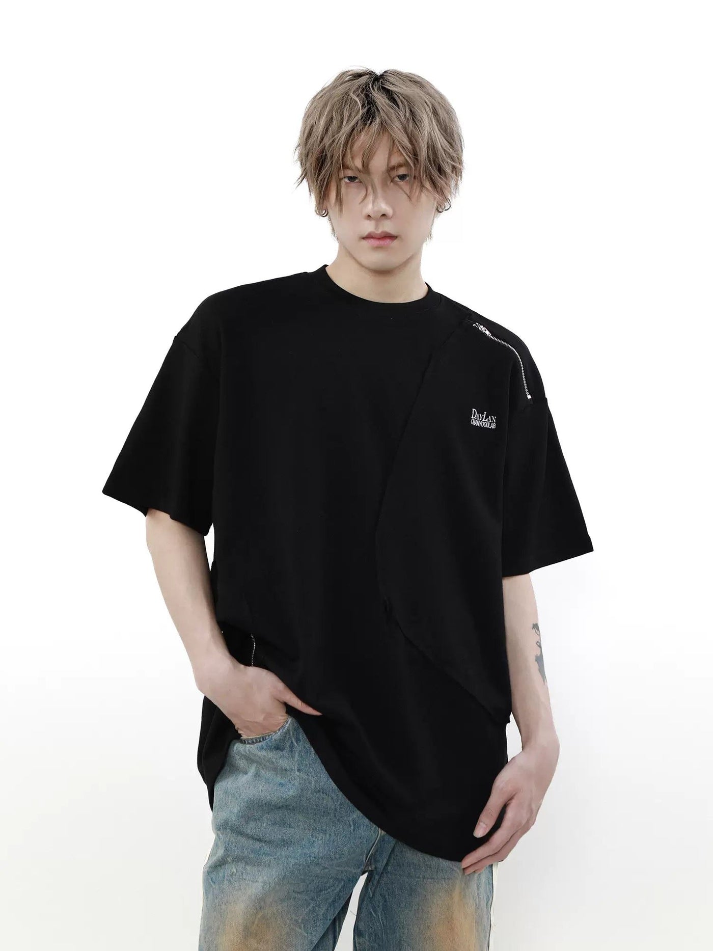 Minimal Shoulder Side Zip T-Shirt Korean Street Fashion T-Shirt By Mr Nearly Shop Online at OH Vault