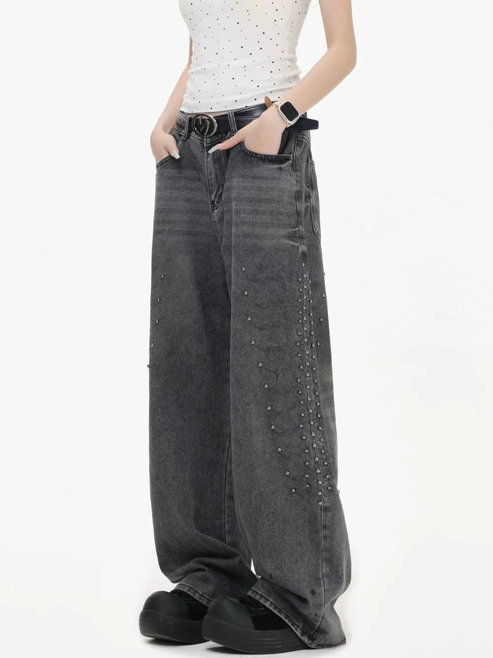 Beaded & Embroidered Washed Jeans Korean Street Fashion Jeans By INS Korea Shop Online at OH Vault