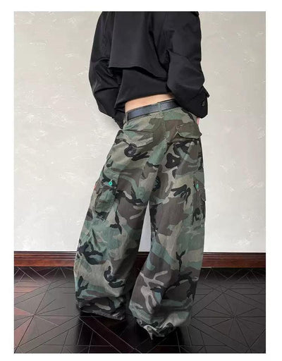 Contrast Button-Down Camo Cargo Pants Korean Street Fashion Pants By A PUEE Shop Online at OH Vault