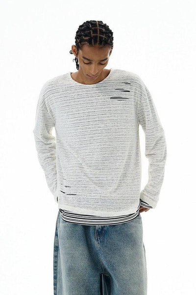Distressed Stripe Layered Sweater Korean Street Fashion Sweater By 77Flight Shop Online at OH Vault