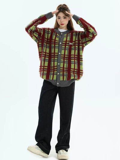 Plaid Contrast Buttoned Cardigan Korean Street Fashion Cardigan By INS Korea Shop Online at OH Vault