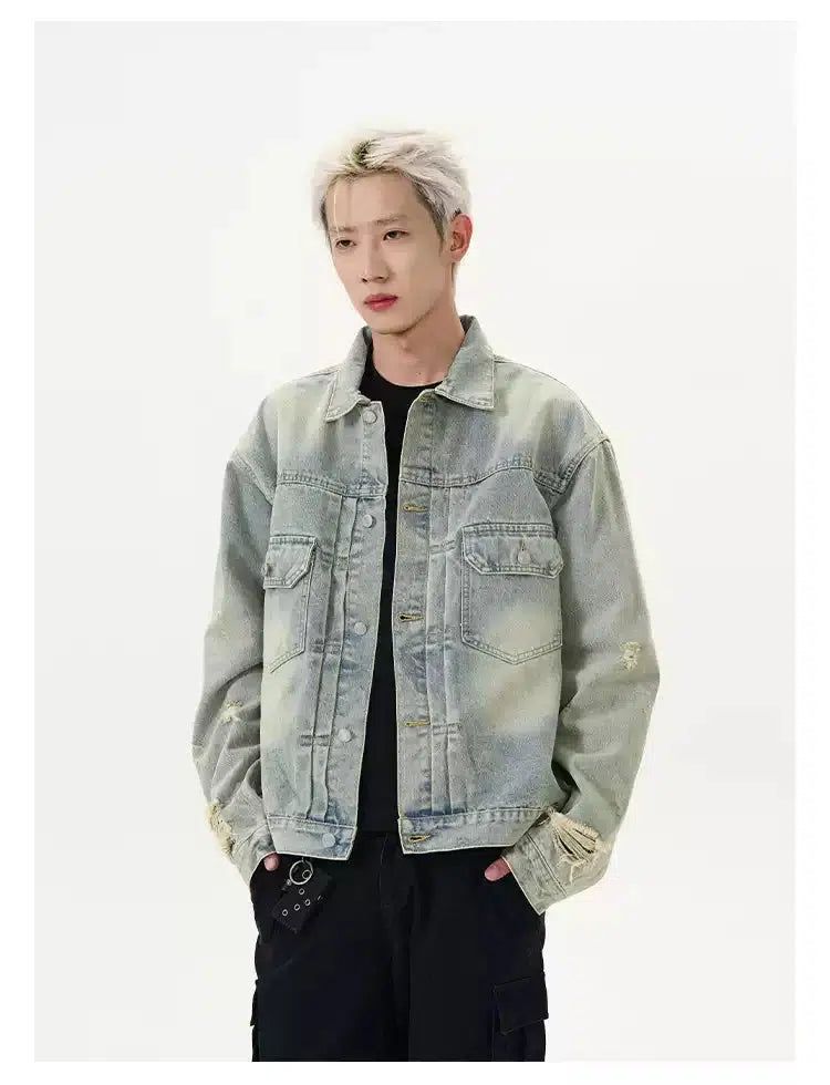 Distressed Washed Flap Pocket Denim Jacket Korean Street Fashion Jacket By A PUEE Shop Online at OH Vault