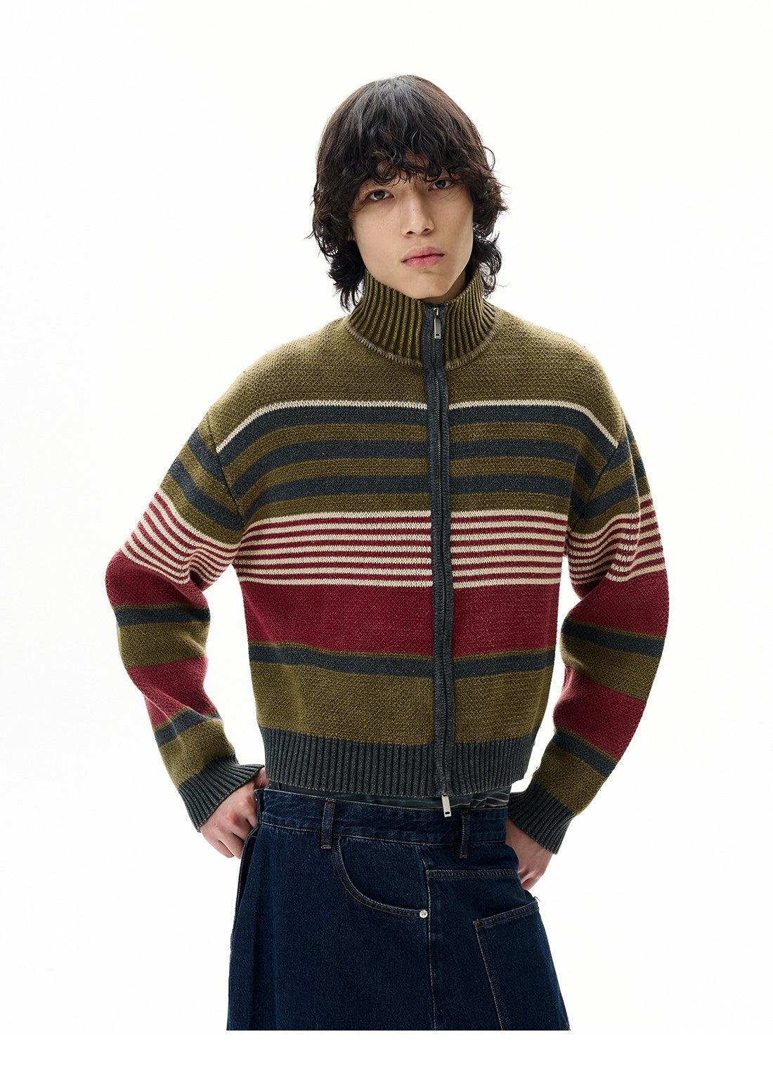 Stand Collar Striped Knit Jacket Korean Street Fashion Jacket By 77Flight Shop Online at OH Vault