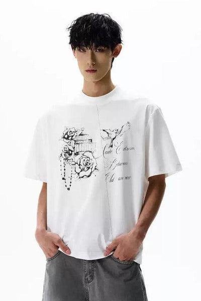Rose and Birds Sketch T-Shirt Korean Street Fashion T-Shirt By A PUEE Shop Online at OH Vault