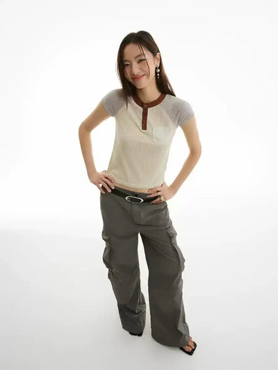 Bar Textured Contrast Cropped T-Shirt Korean Street Fashion T-Shirt By Funky Fun Shop Online at OH Vault