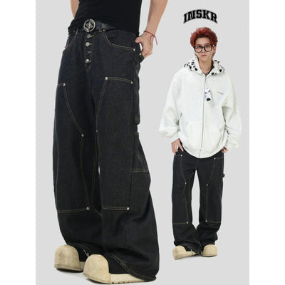 Stitched Outlines Straight Leg Jeans Korean Street Fashion Jeans By INS Korea Shop Online at OH Vault