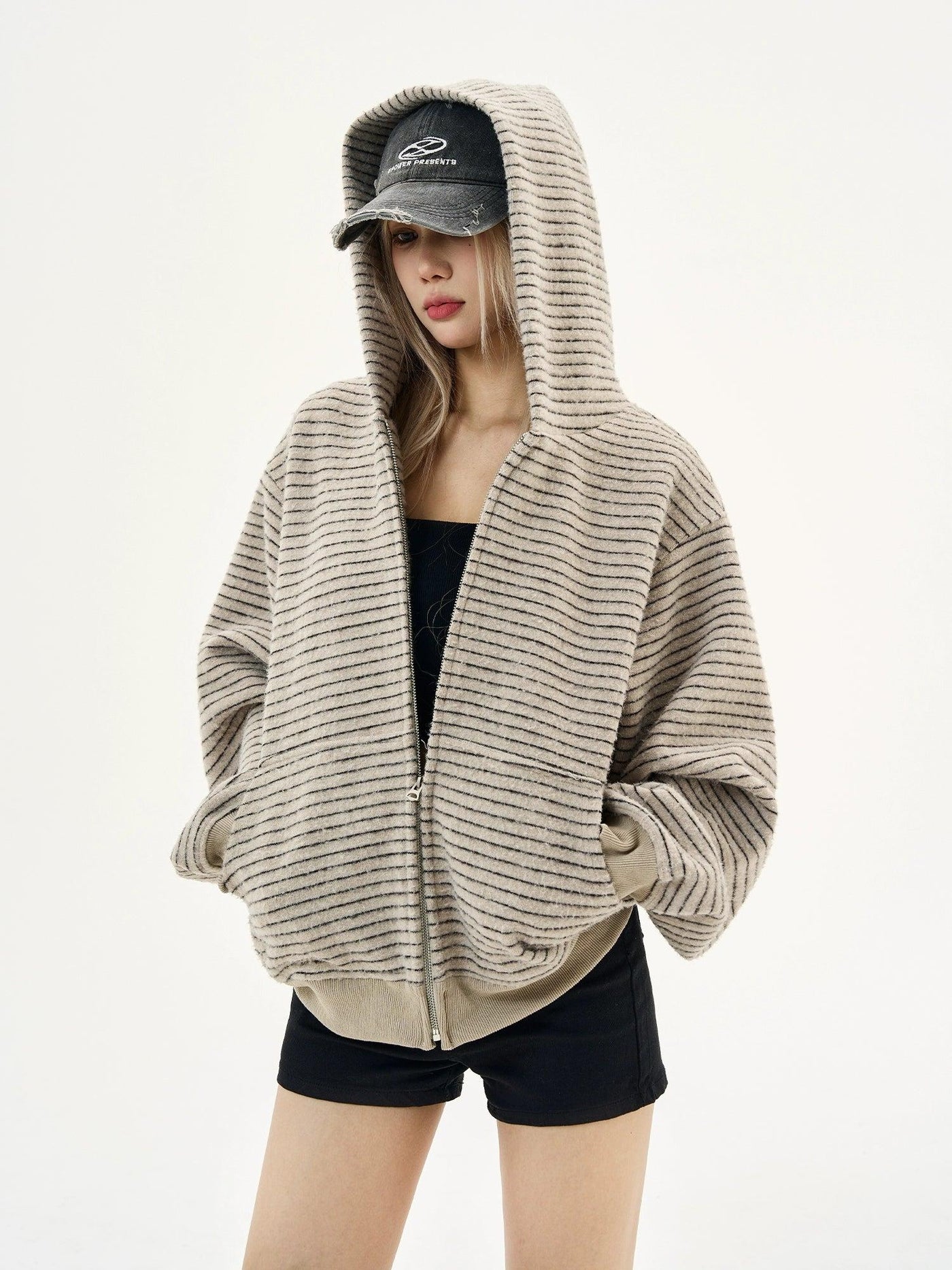 Striped Textured Zip Up Hoodie Korean Street Fashion Hoodie By MaxDstr Shop Online at OH Vault