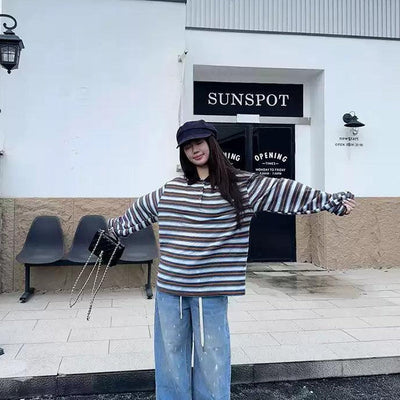 Striped Pattern Long Sleeve Polo Korean Street Fashion Polo By Jump Next Shop Online at OH Vault