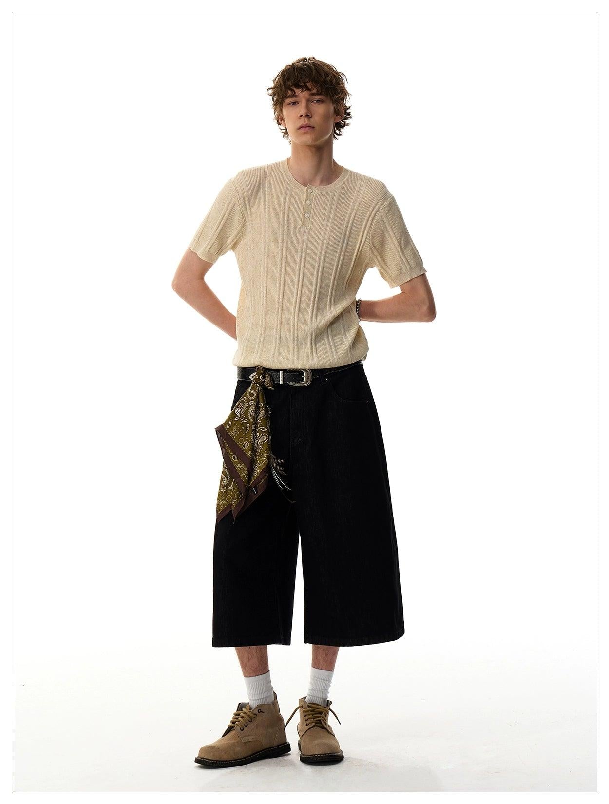 Henley Collar Knit T-Shirt Korean Street Fashion T-Shirt By Mr Nearly Shop Online at OH Vault