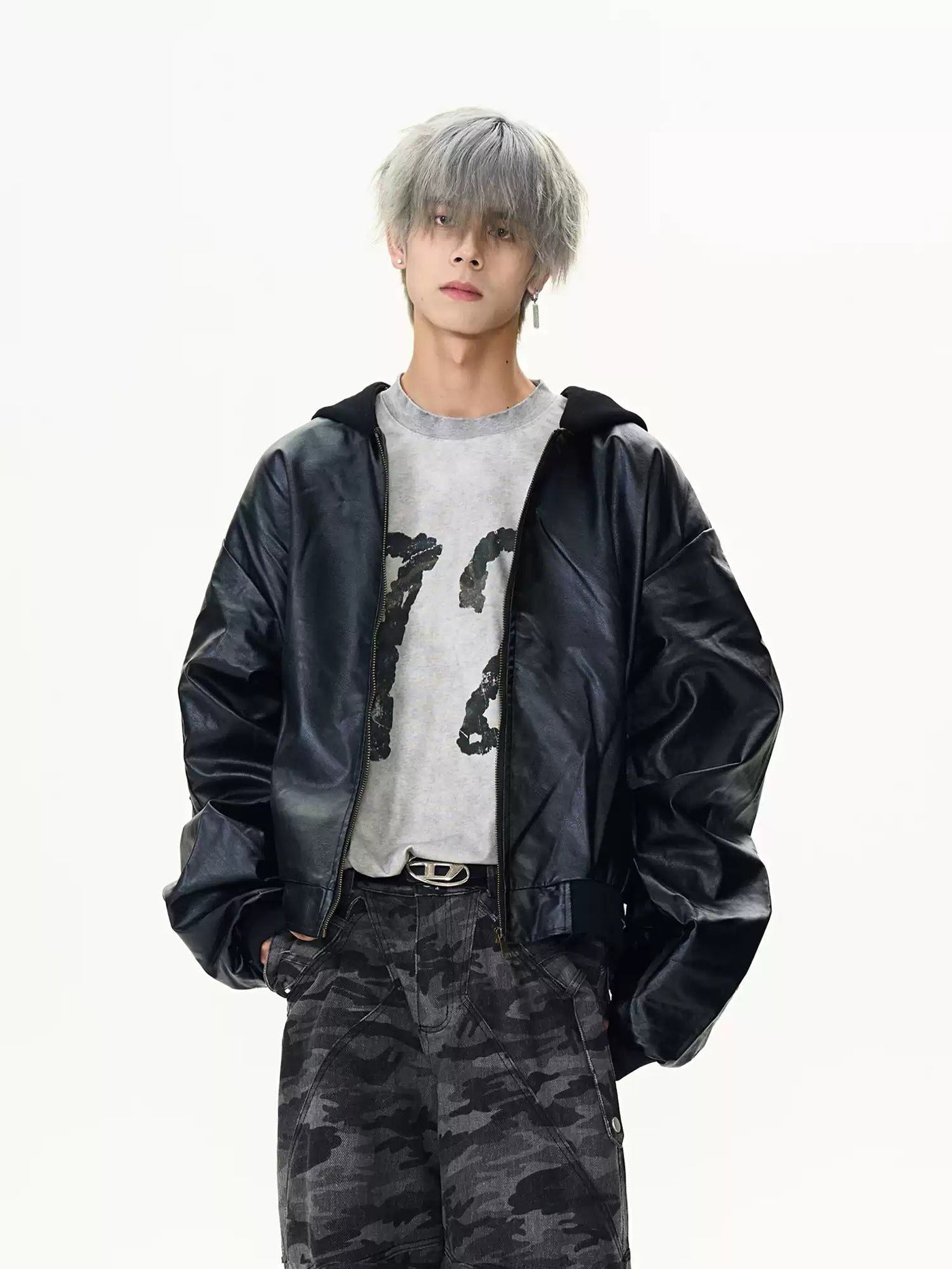 Spliced Hood Bomber Leather Jacket Korean Street Fashion Jacket By MaxDstr Shop Online at OH Vault