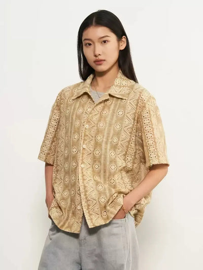 Vintage Floral Hollowed Shirt Korean Street Fashion Shirt By 11St Crops Shop Online at OH Vault