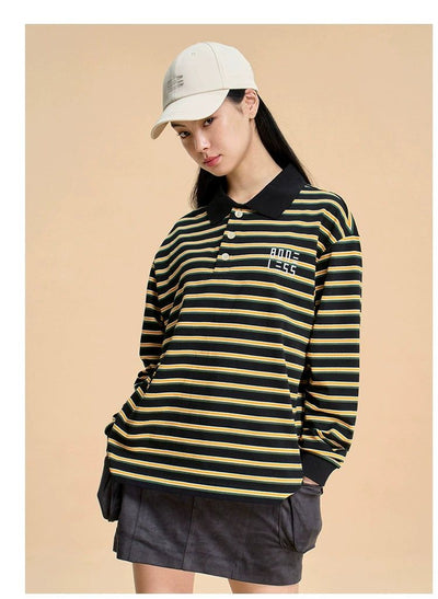 Logo Stripes Long Sleeve Polo Korean Street Fashion Polo By Boneless Shop Online at OH Vault