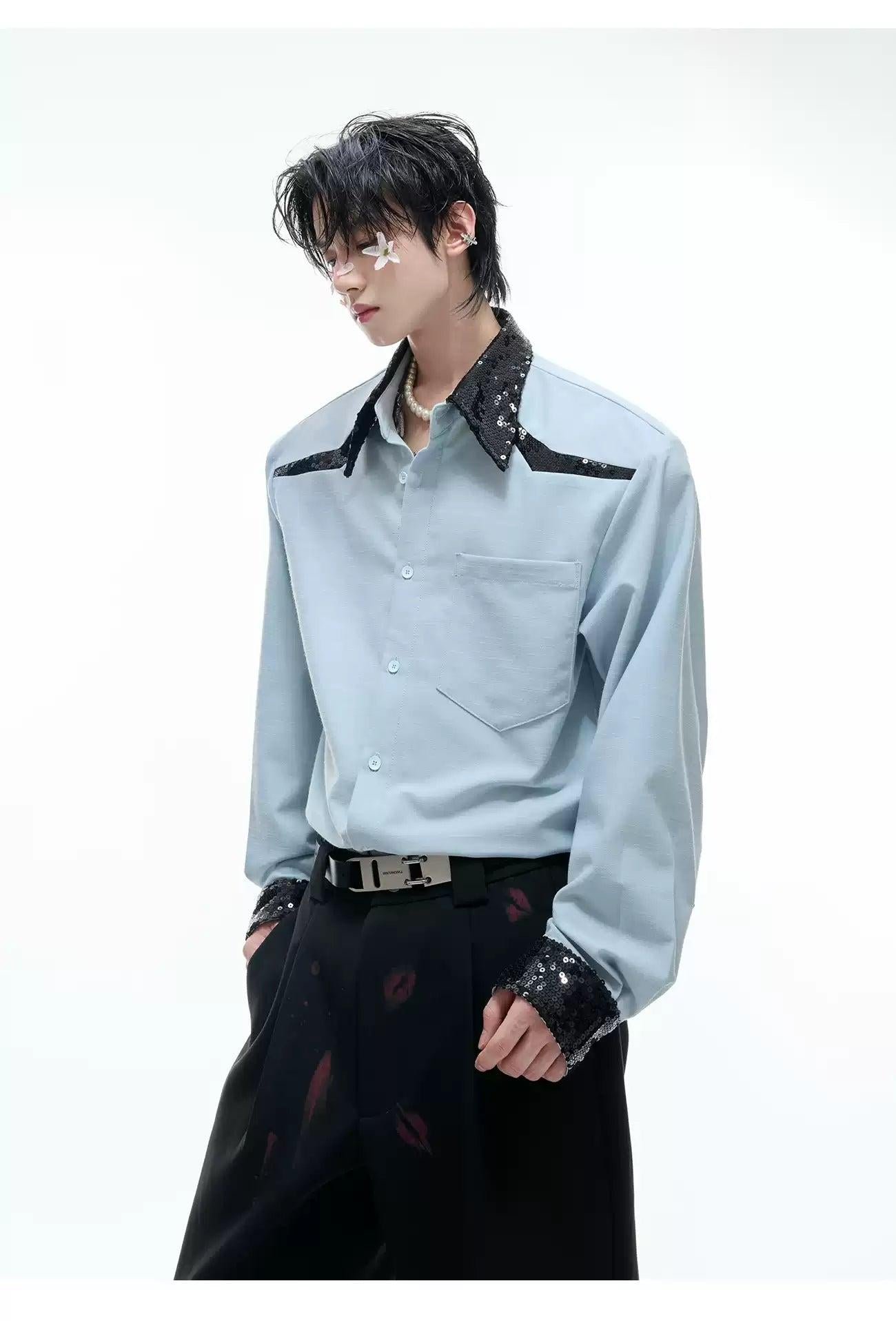 Sequin Stitched Contrast Shirt Korean Street Fashion Shirt By Argue Culture Shop Online at OH Vault