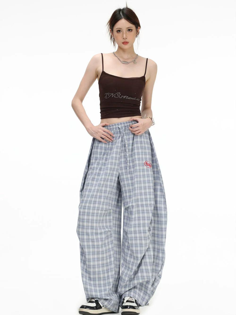 Drawstring Plaid Scimitar Pants Korean Street Fashion Pants By INS Korea Shop Online at OH Vault