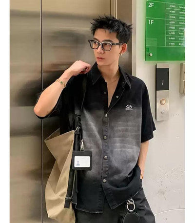 Faded Denim Snap Buttoned Shirt Korean Street Fashion Shirt By Poikilotherm Shop Online at OH Vault