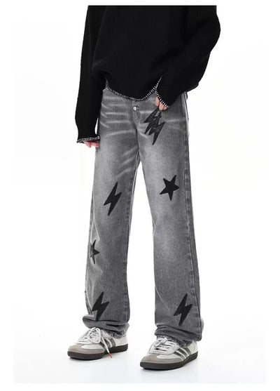 Lightning Leather Patched Jeans Korean Street Fashion Jeans By Made Extreme Shop Online at OH Vault