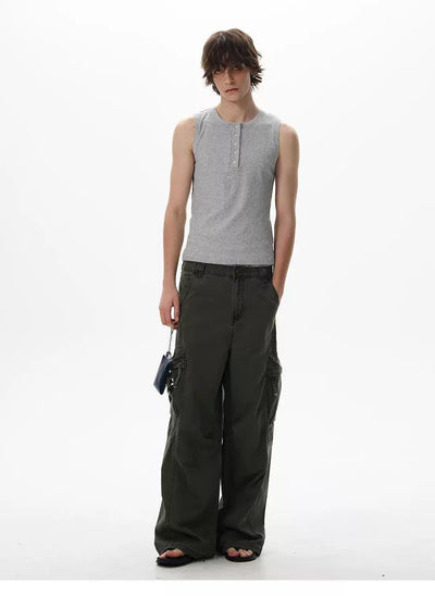 Henley Collar Slim Fit Tank Top Korean Street Fashion Tank Top By 77Flight Shop Online at OH Vault