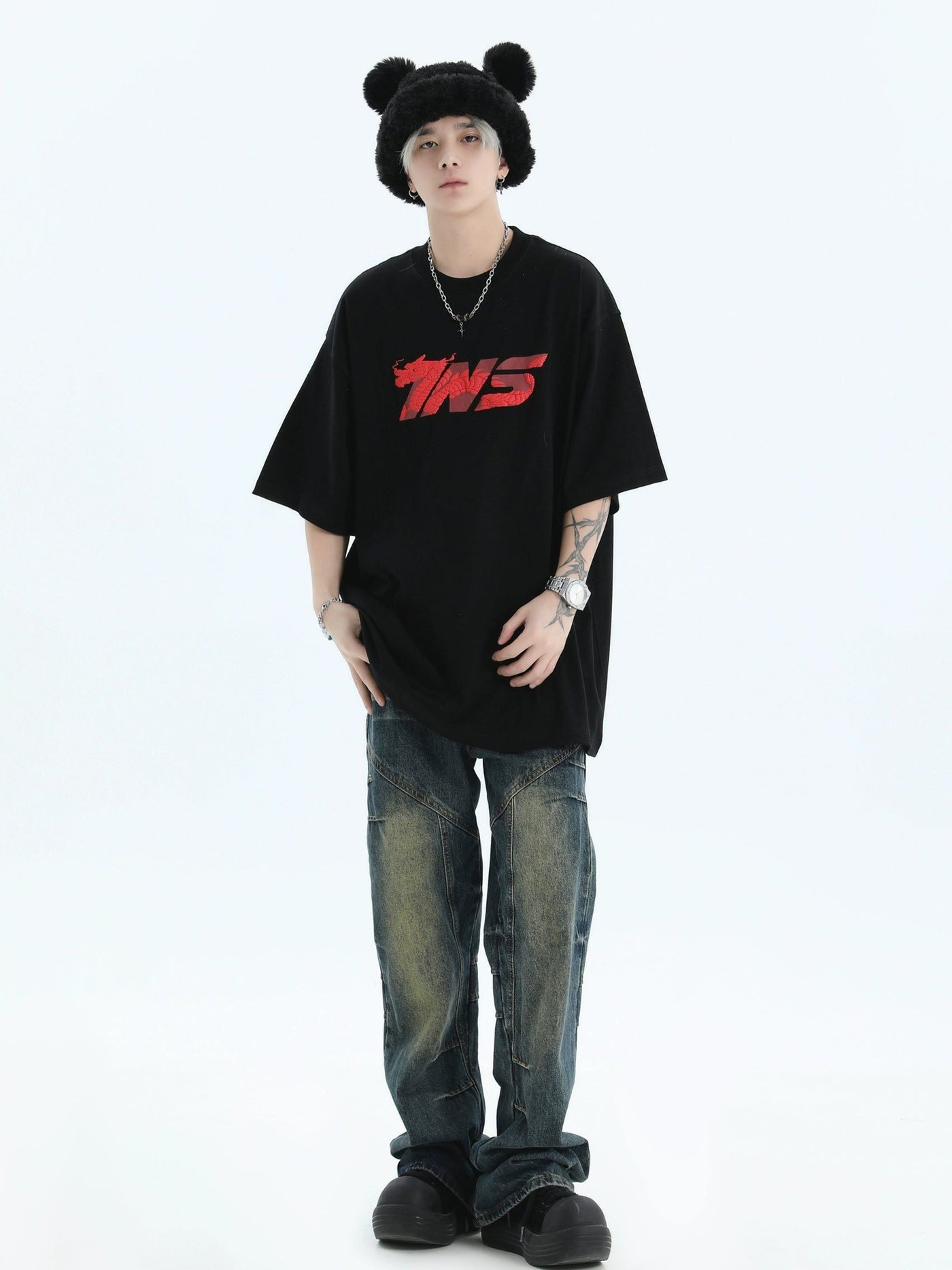 Embossed Dragon Logo T-Shirt Korean Street Fashion T-Shirt By INS Korea Shop Online at OH Vault