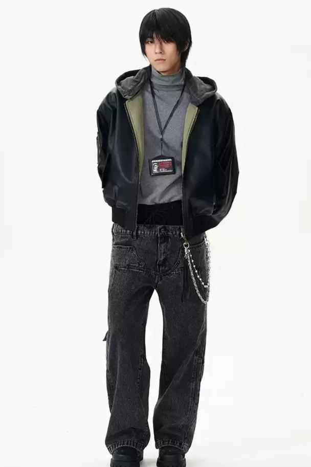 Versatile Hooded PU Leather Jacket Korean Street Fashion Jacket By 77Flight Shop Online at OH Vault