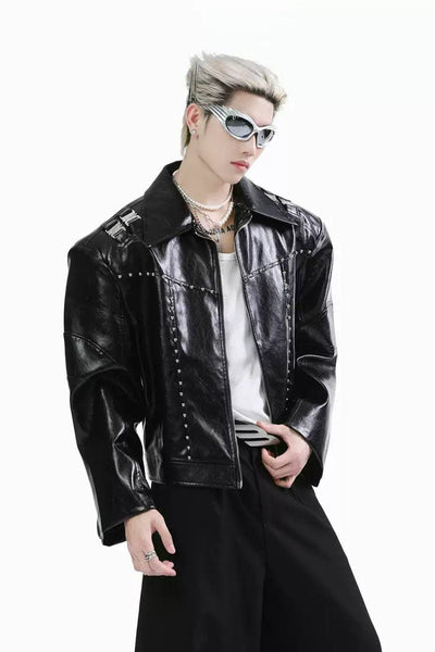 Metallic Detailed PU Leather Jacket Korean Street Fashion Jacket By Turn Tide Shop Online at OH Vault