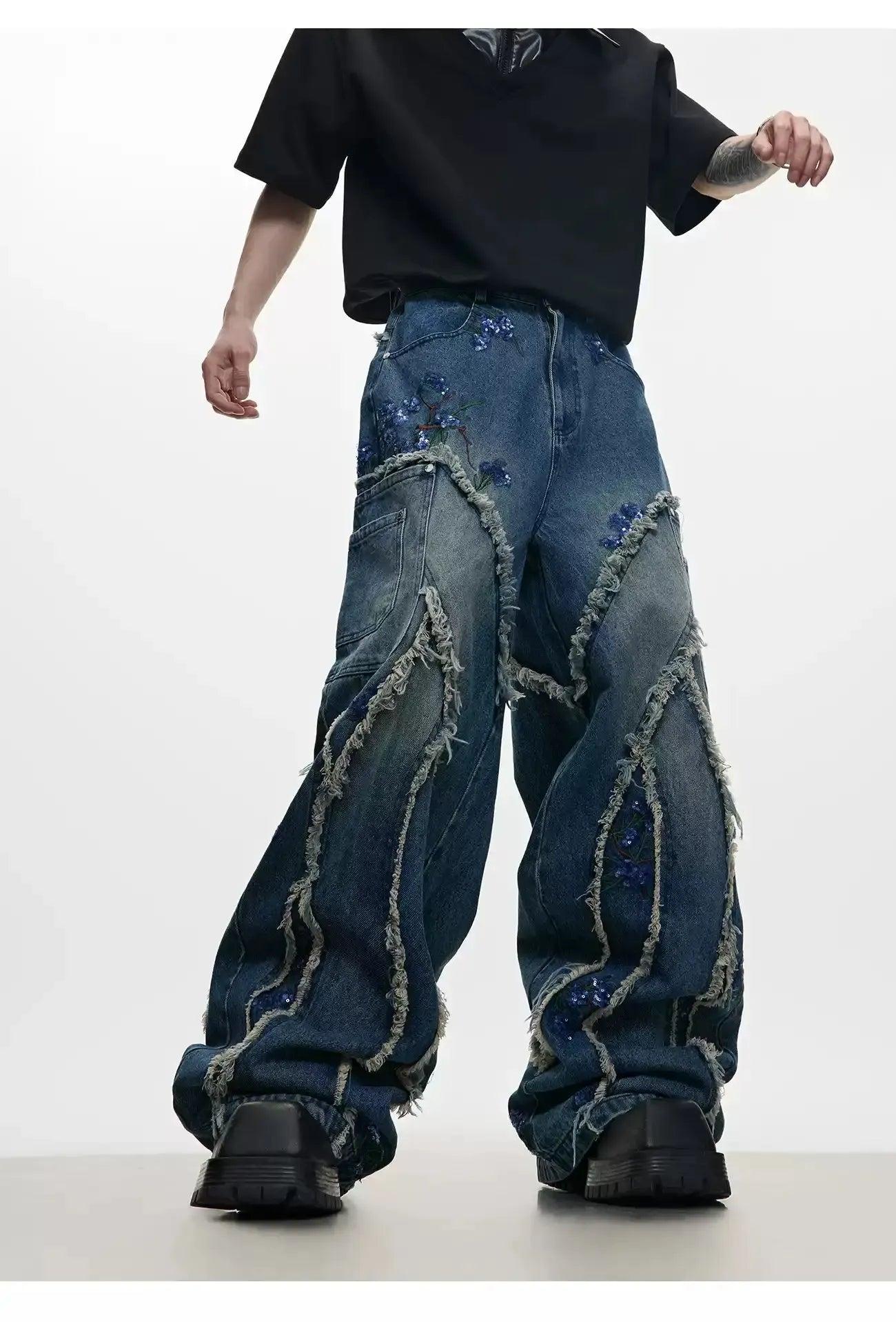 Sequin Embroidered Raw Seam Wide Jeans Korean Street Fashion Jeans By Argue Culture Shop Online at OH Vault