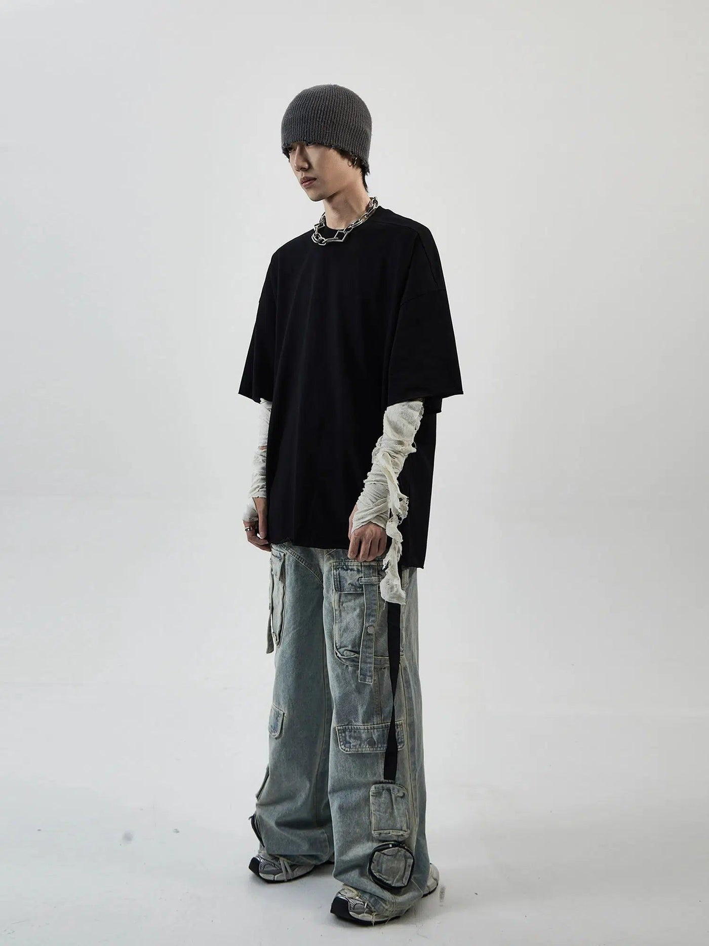 Oversized Curled Hem T-Shirt Korean Street Fashion T-Shirt By Ash Dark Shop Online at OH Vault