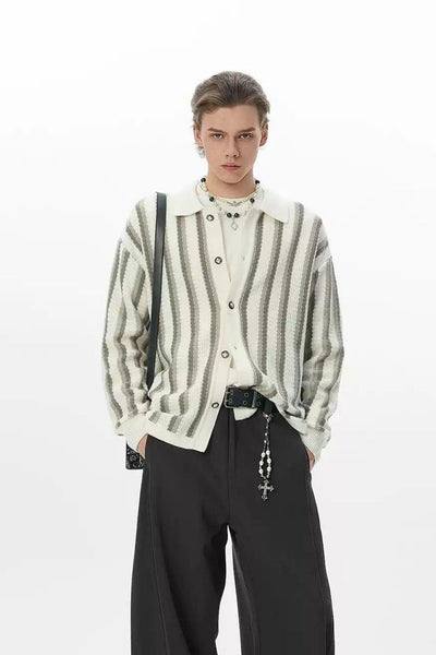 Contrast Vertical Striped Buttoned Sweater Korean Street Fashion Sweater By JHYQ Shop Online at OH Vault
