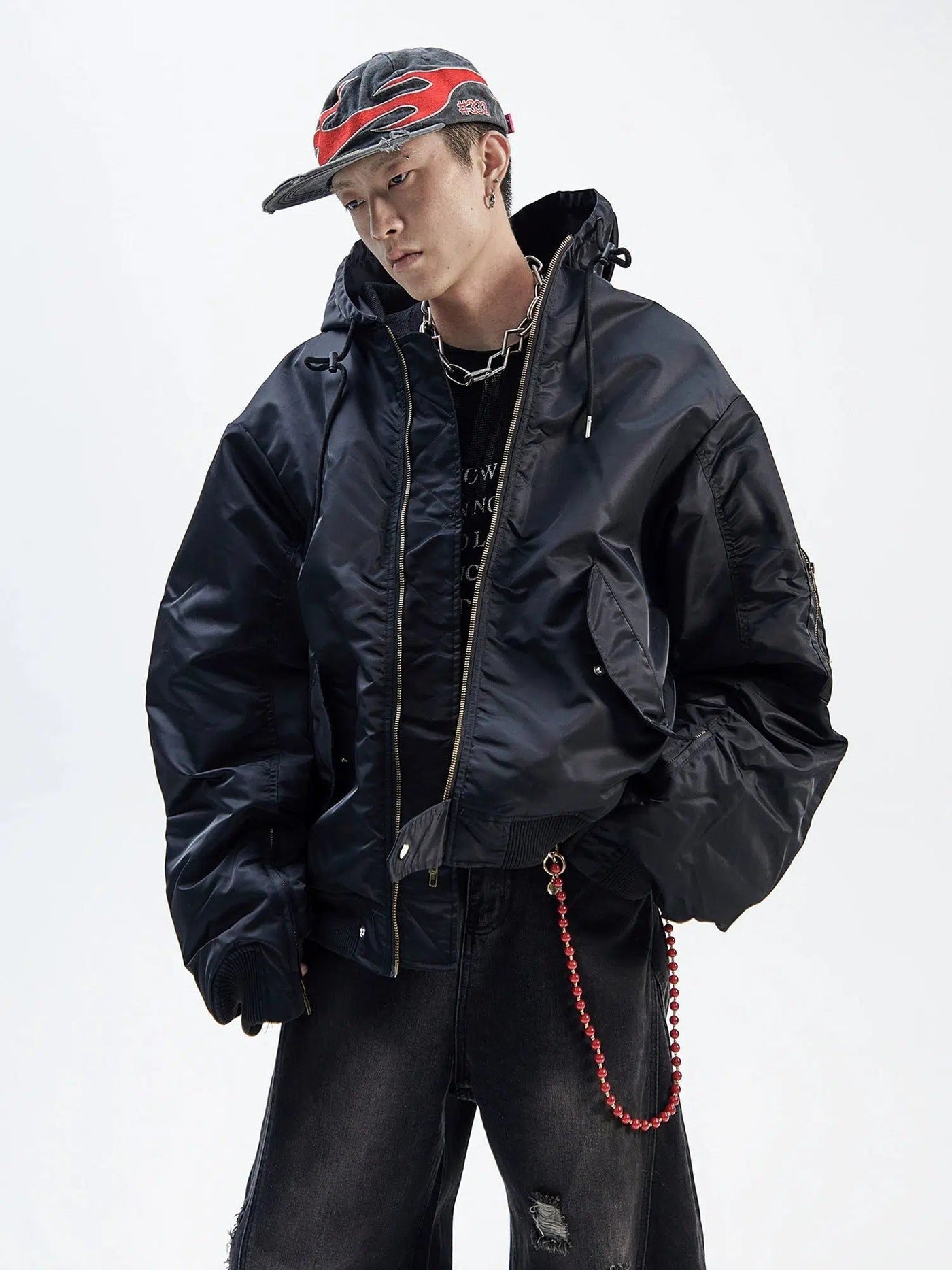 Drawcord Hooded Bomber Jacket Korean Street Fashion Jacket By Ash Dark Shop Online at OH Vault