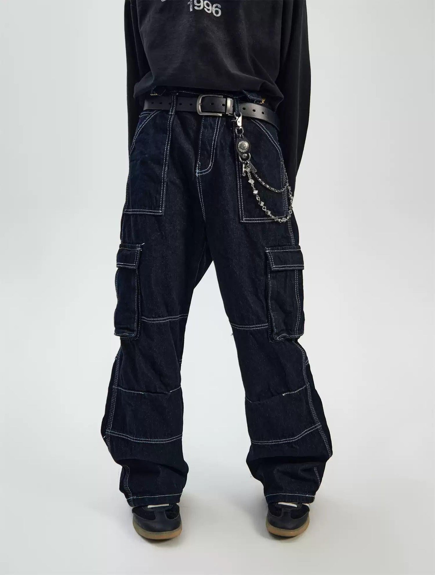 Stitched Line Structured Cargo Jeans Korean Street Fashion Jeans By Ash Dark Shop Online at OH Vault