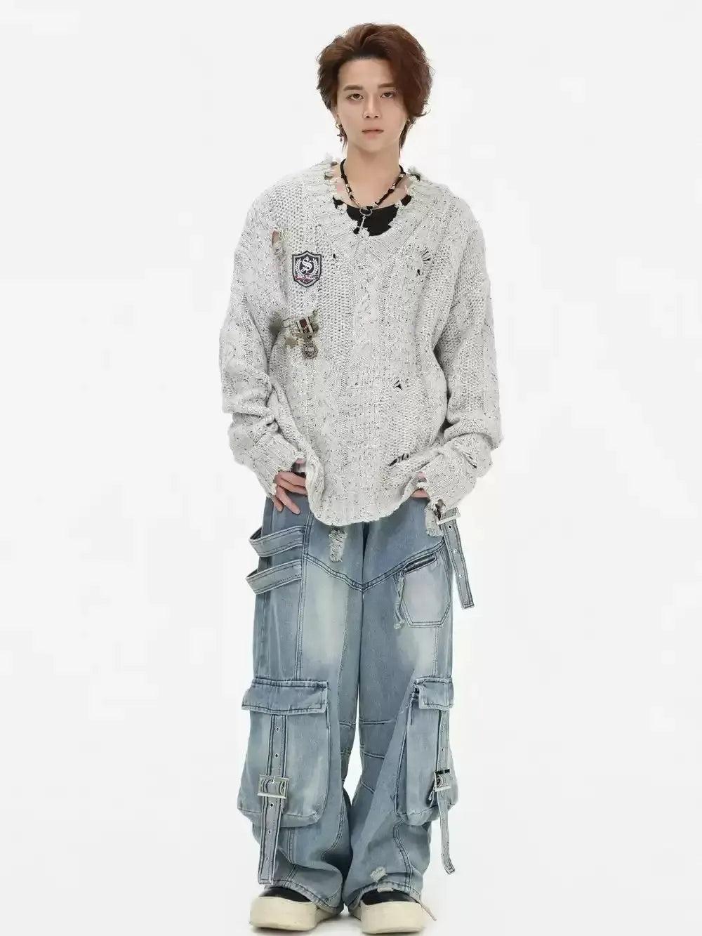 Multiple Straps Detail Cargo Jeans Korean Street Fashion Jeans By INS Korea Shop Online at OH Vault