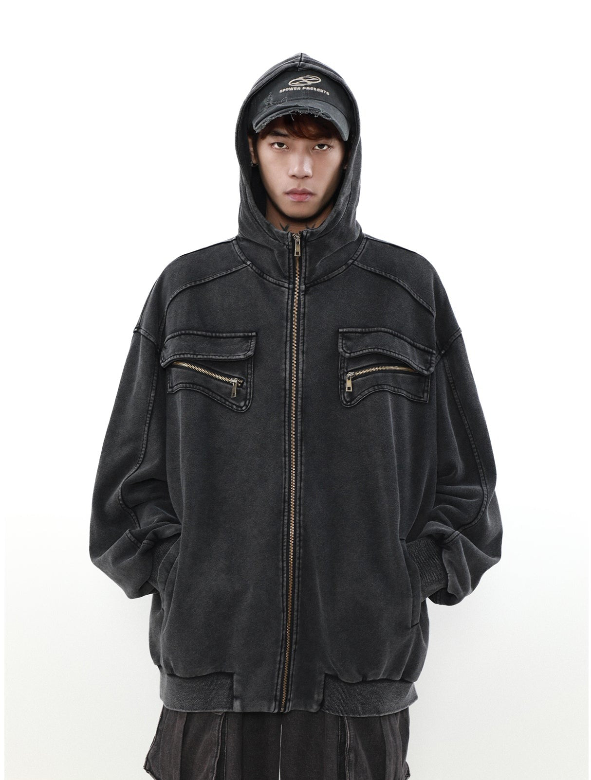 Washed Ribbed Hem Zip-Up Hoodie Korean Street Fashion Hoodie By Mr Nearly Shop Online at OH Vault