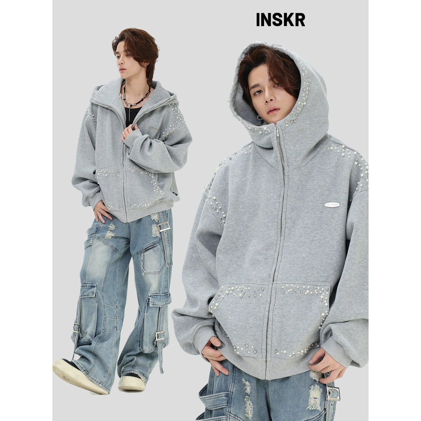 Pearled Outline Zip-Up Hoodie Korean Street Fashion Hoodie By INS Korea Shop Online at OH Vault