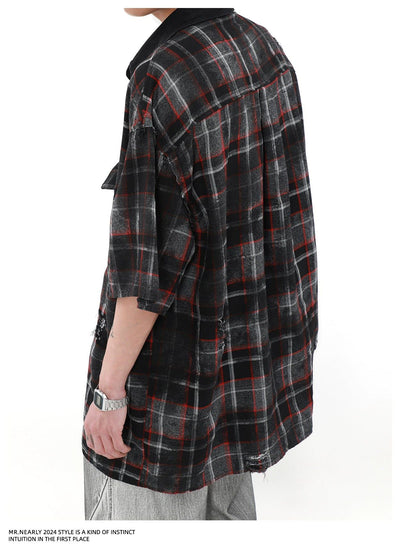 Distressed Dark Plaid Shirt Korean Street Fashion Shirt By Mr Nearly Shop Online at OH Vault
