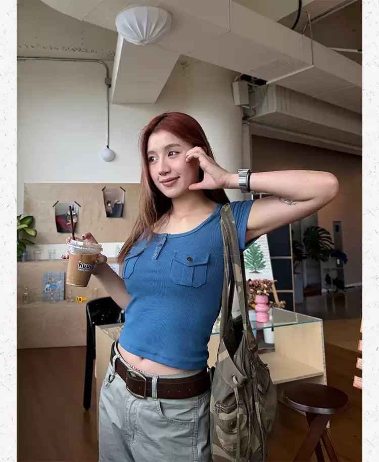 Breast Pockets Slim T-Shirt Korean Street Fashion T-Shirt By Made Extreme Shop Online at OH Vault