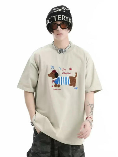 Dachshund Towel Embroidery T-Shirt Korean Street Fashion T-Shirt By INS Korea Shop Online at OH Vault