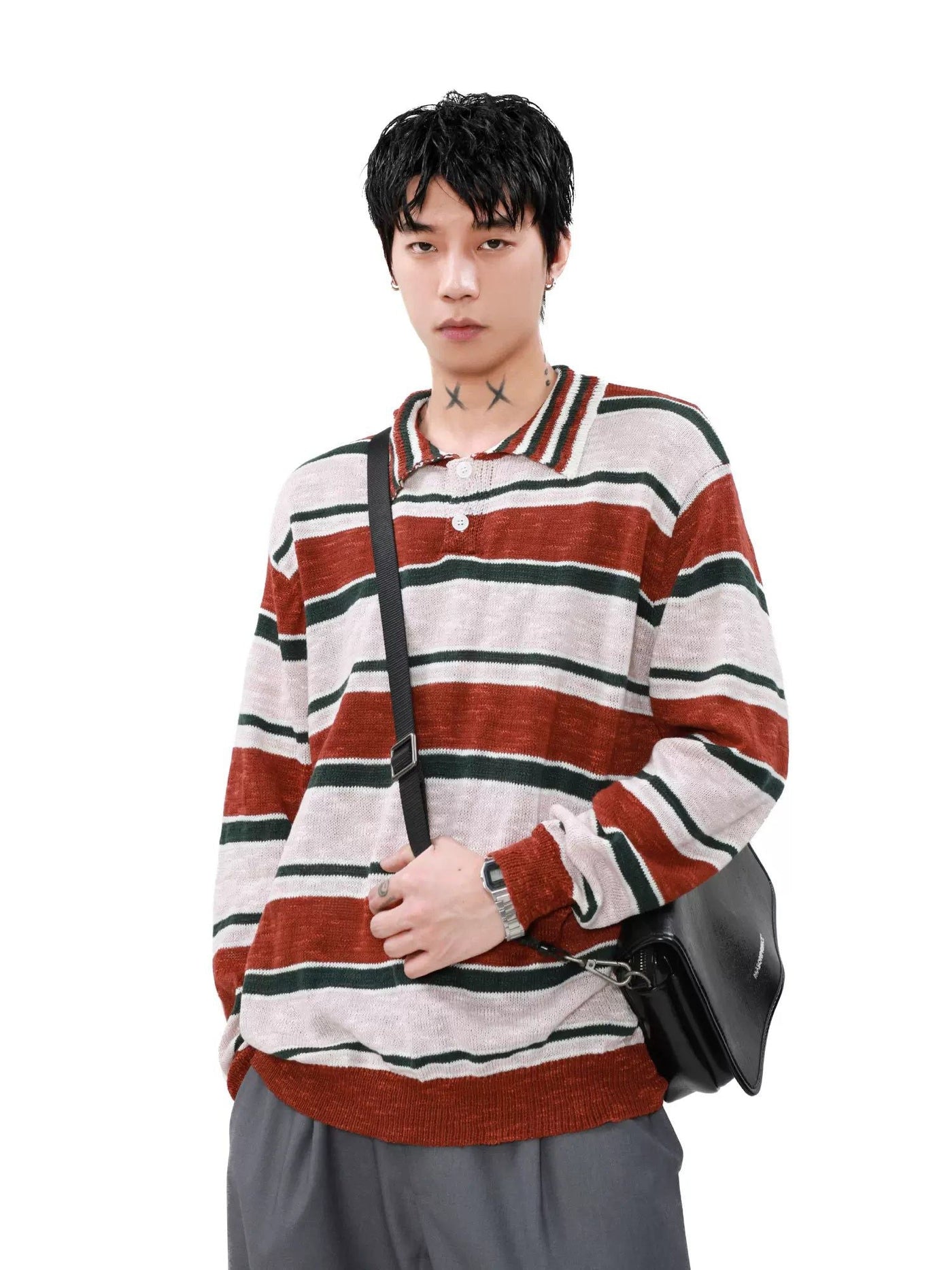 Tritone Striped Knit Long Sleeves Polo Korean Street Fashion Polo By Mr Nearly Shop Online at OH Vault