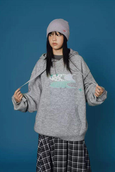 Patched Logo Knit Hoodie Korean Street Fashion Hoodie By Crying Center Shop Online at OH Vault