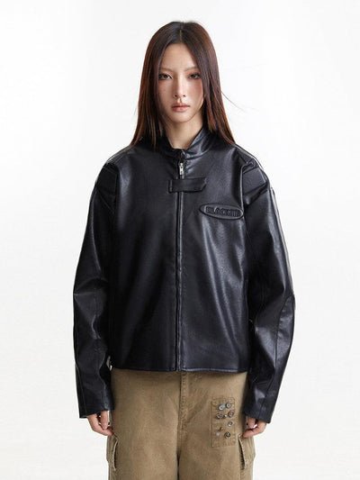 Embossed Logo PU Leather Jacket Korean Street Fashion Jacket By Made Extreme Shop Online at OH Vault