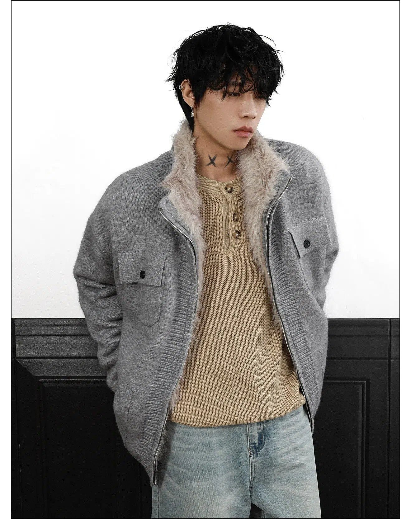 Fur Trimmed Flap Pocket Knit Jacket Korean Street Fashion Jacket By Mr Nearly Shop Online at OH Vault