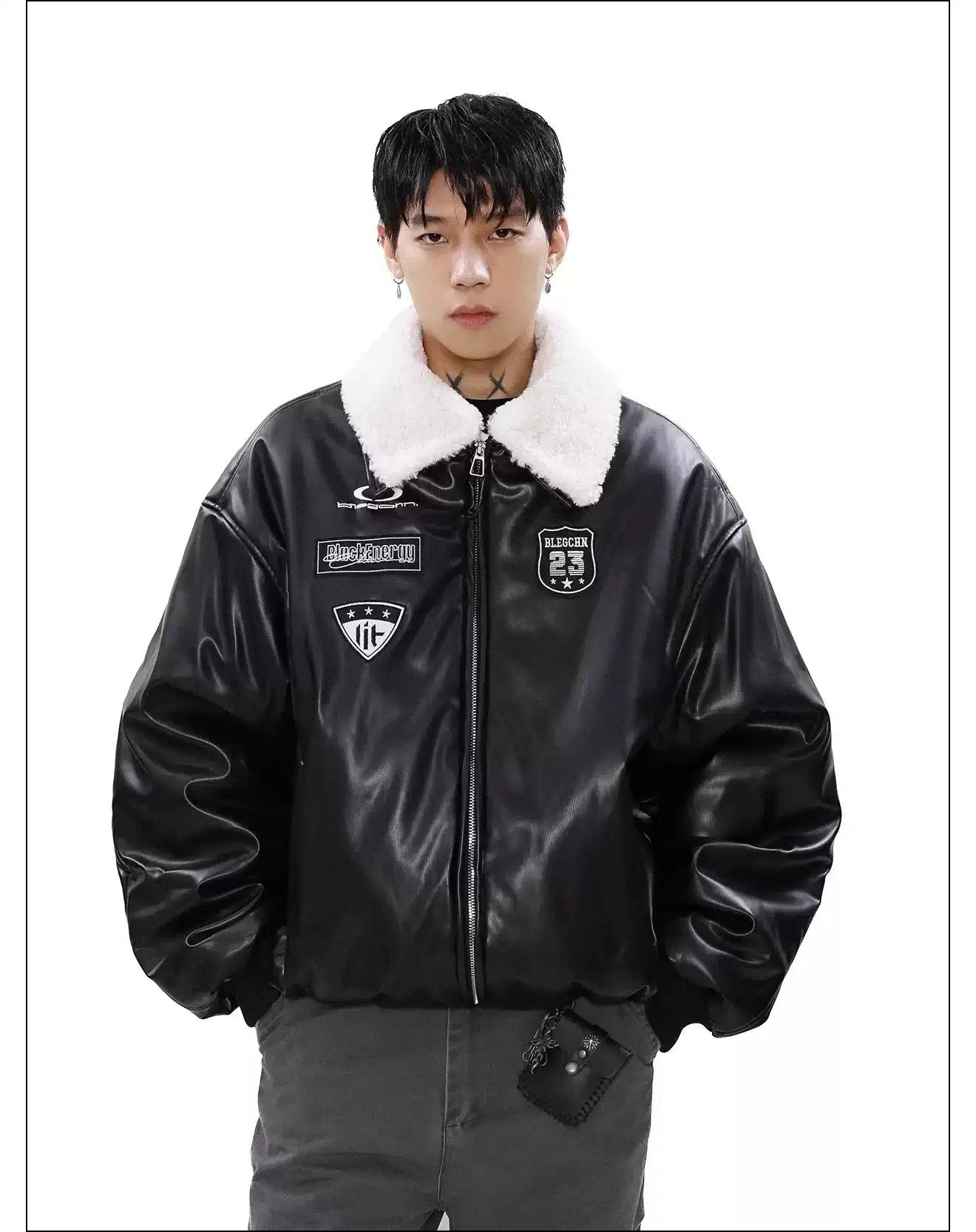 Sleek Pile Collar PU Leather Puffer Jacket Korean Street Fashion Jacket By Mr Nearly Shop Online at OH Vault