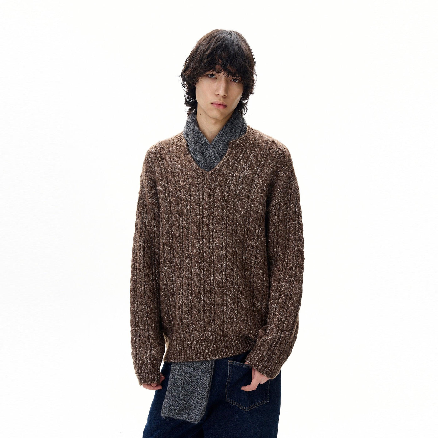 Cable Knit V-Neck Sweater Korean Street Fashion Sweater By 77Flight Shop Online at OH Vault
