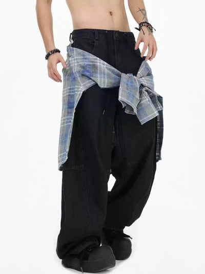 Spliced Plaid Shirt Tied Knot Jeans Korean Street Fashion Jeans By INS Korea Shop Online at OH Vault